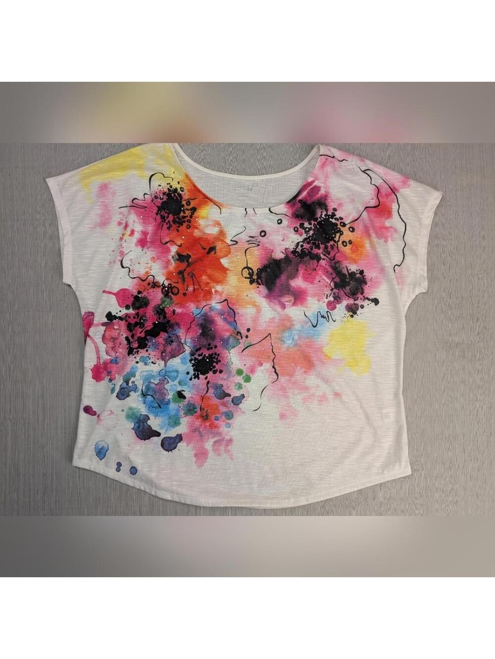 APT. 9 Women's 1X Multicolor / Watercolor Abstract Print Studded Short Sleeve
